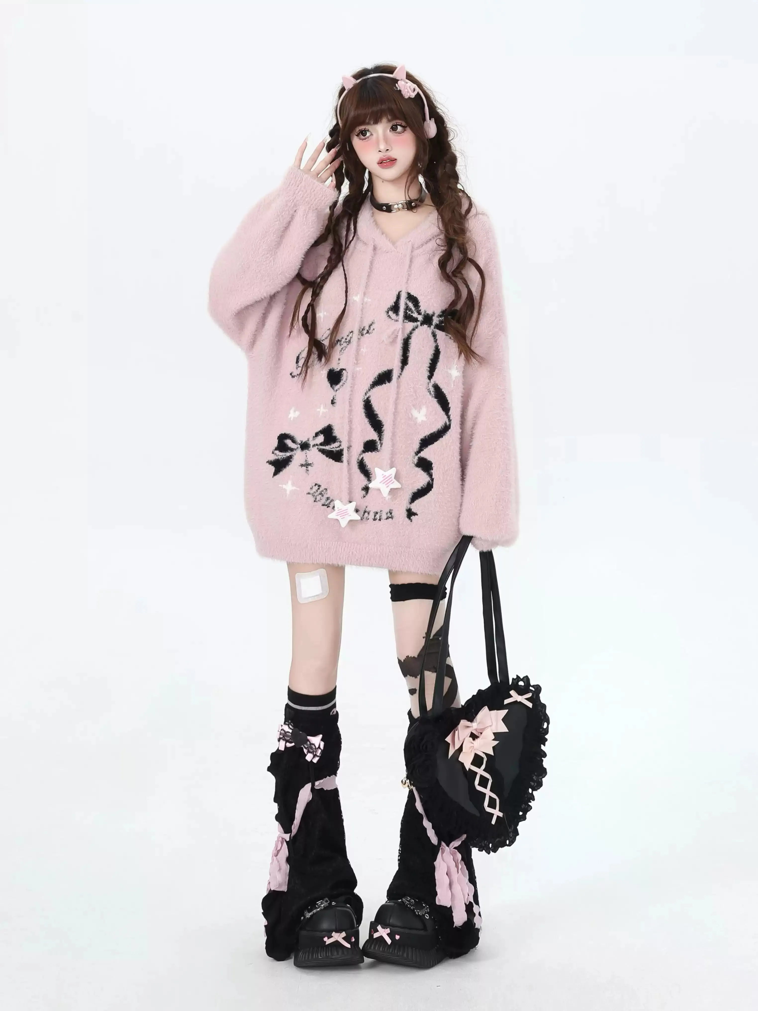 Crazy Girl Sticky Bow Black Pink Fuzzy Sweater Hoodie
