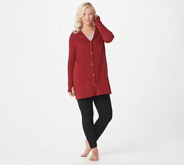 Cuddl Duds Comfortwear Snap Front Hooded Cardigan, X-Small, Chili Red