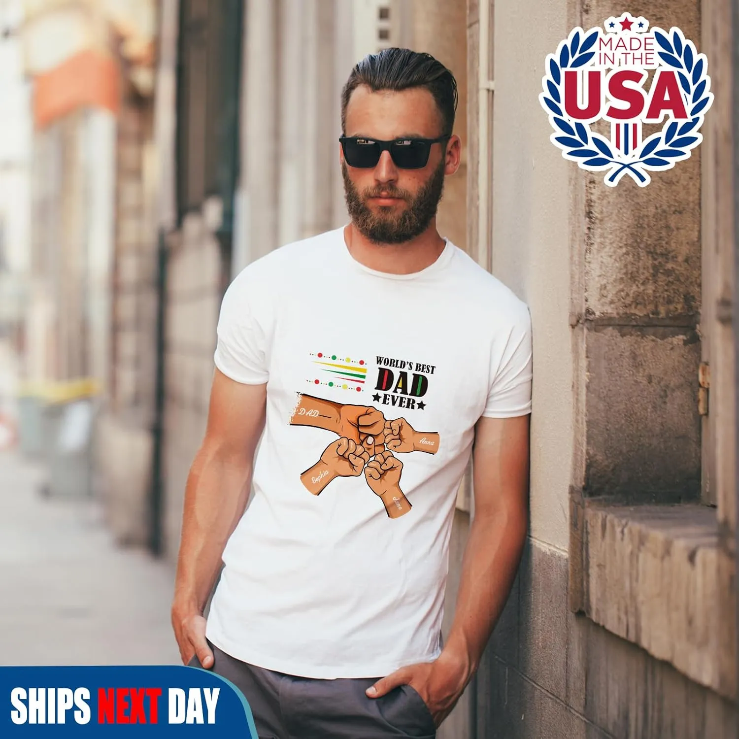 Custom Dad Shirt, Personalized Fist Bump Shirts with Kids Name Photo, Customized Fathers Day Tshirt Gifts for Papa Grandpa