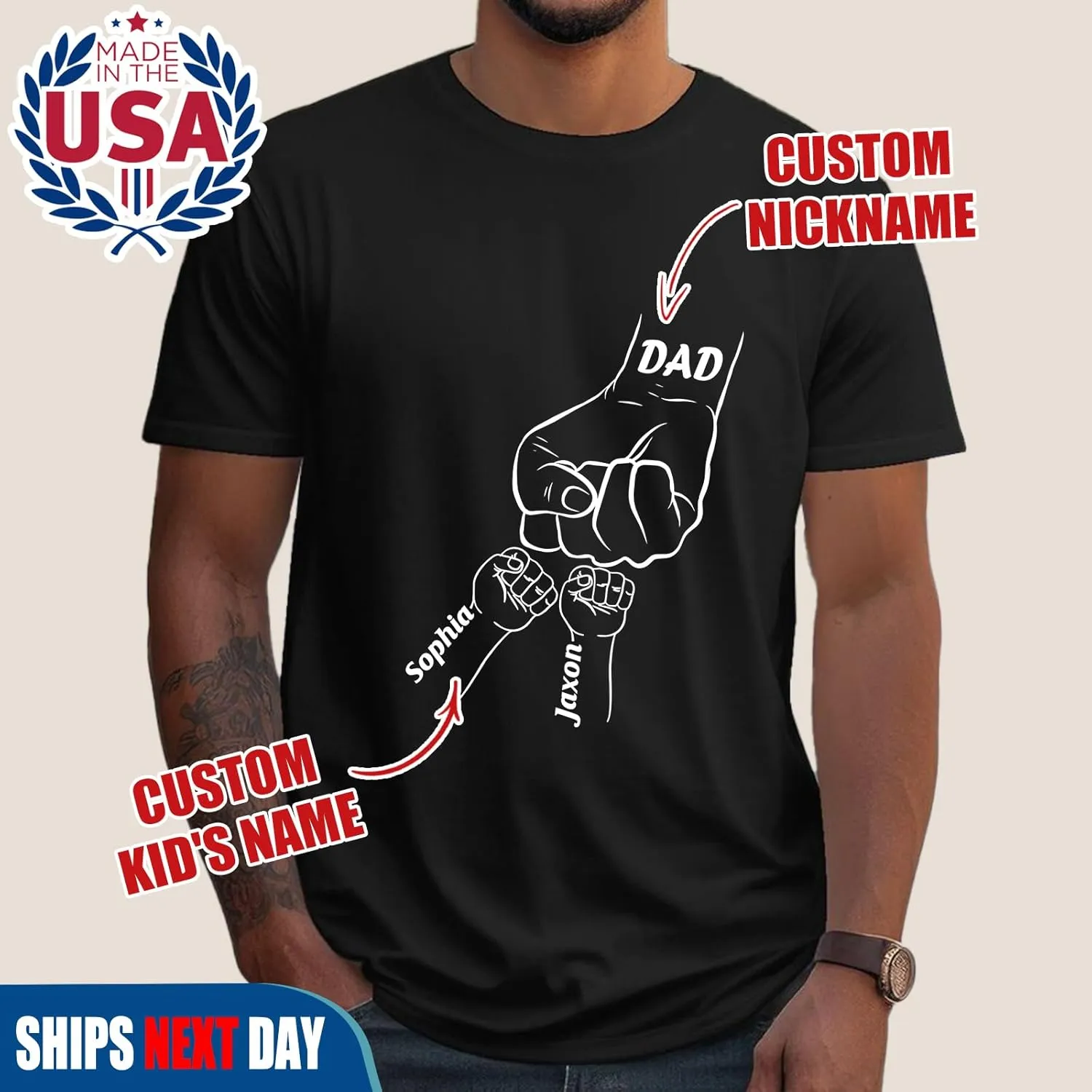 Custom Dad Shirt, Personalized Fist Bump Shirts with Kids Name Photo, Customized Fathers Day Tshirt Gifts for Papa Grandpa