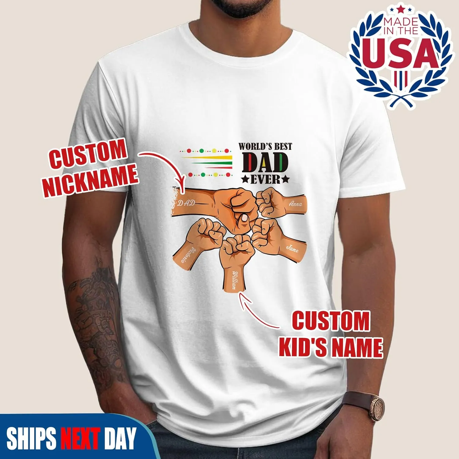 Custom Dad Shirt, Personalized Fist Bump Shirts with Kids Name Photo, Customized Fathers Day Tshirt Gifts for Papa Grandpa