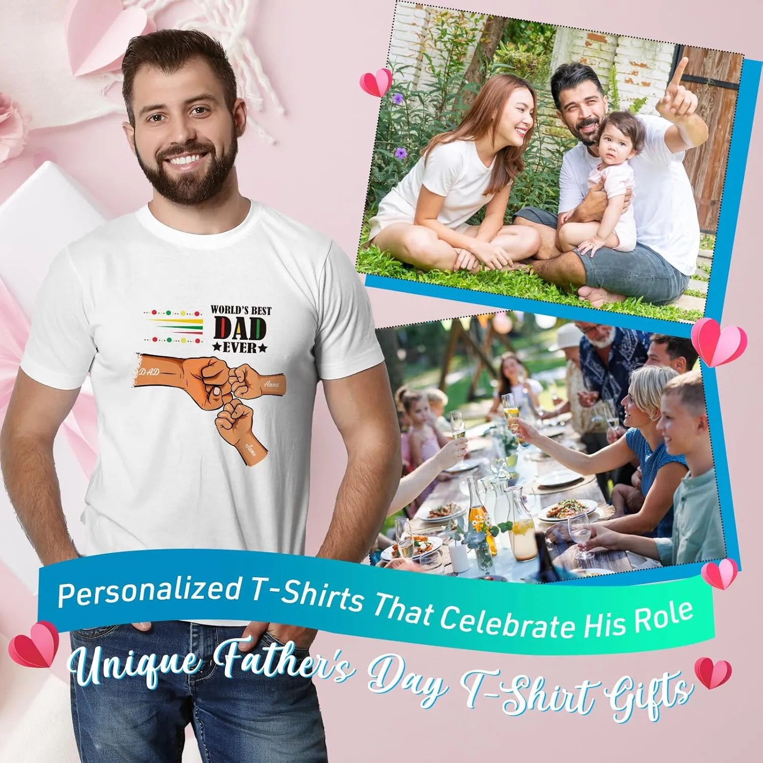 Custom Dad Shirt, Personalized Fist Bump Shirts with Kids Name Photo, Customized Fathers Day Tshirt Gifts for Papa Grandpa