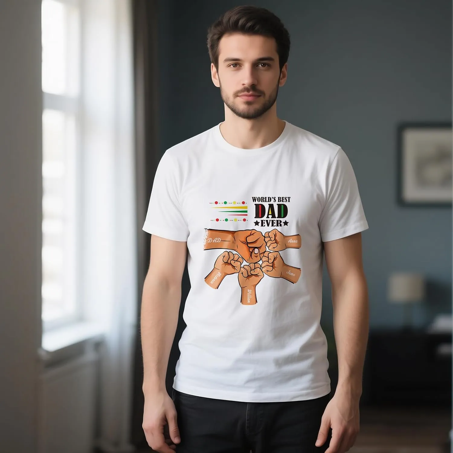 Custom Dad Shirt, Personalized Fist Bump Shirts with Kids Name Photo, Customized Fathers Day Tshirt Gifts for Papa Grandpa