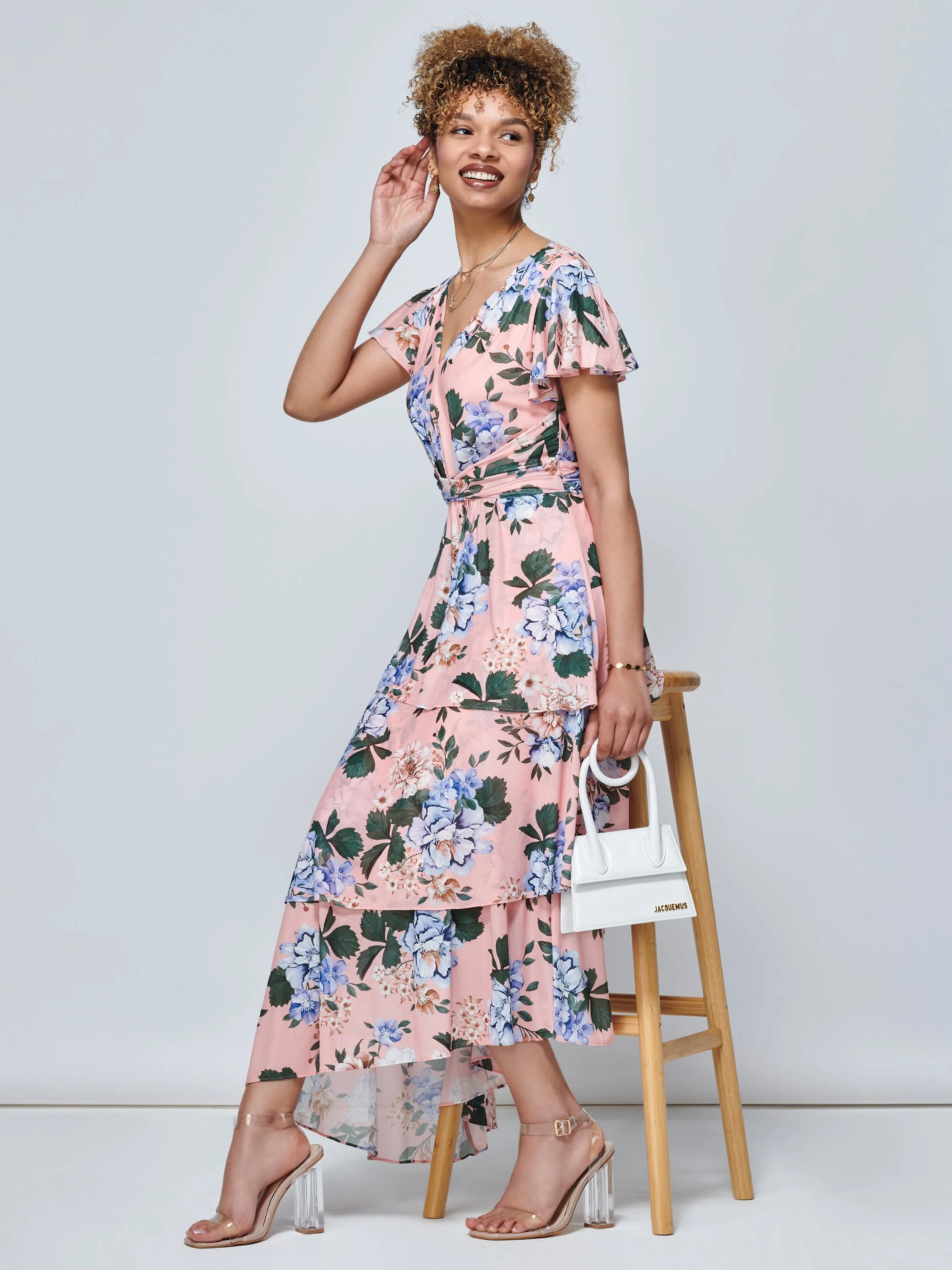 Danica Tiered Hem Mesh Maxi Dress, Pink Multi