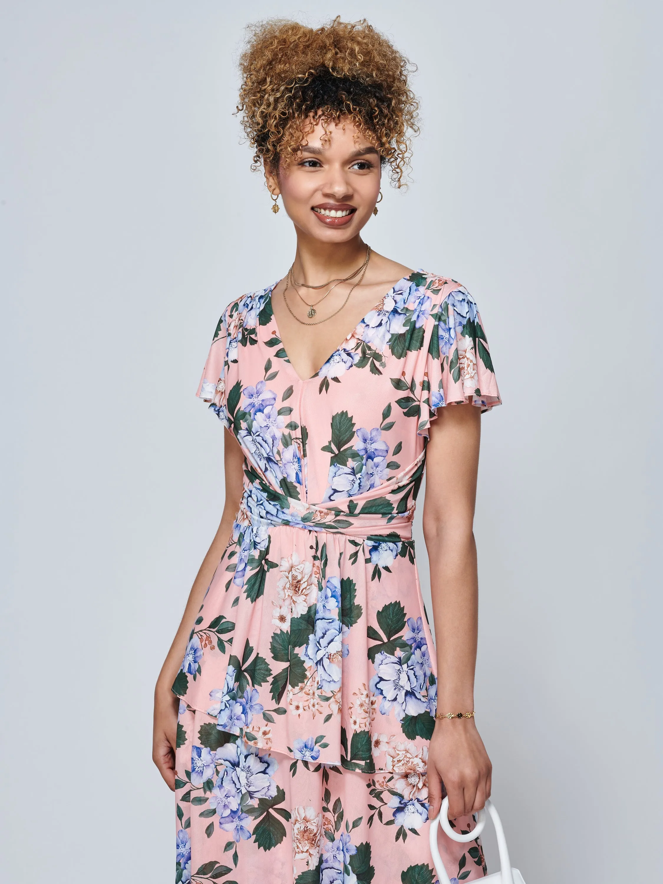 Danica Tiered Hem Mesh Maxi Dress, Pink Multi