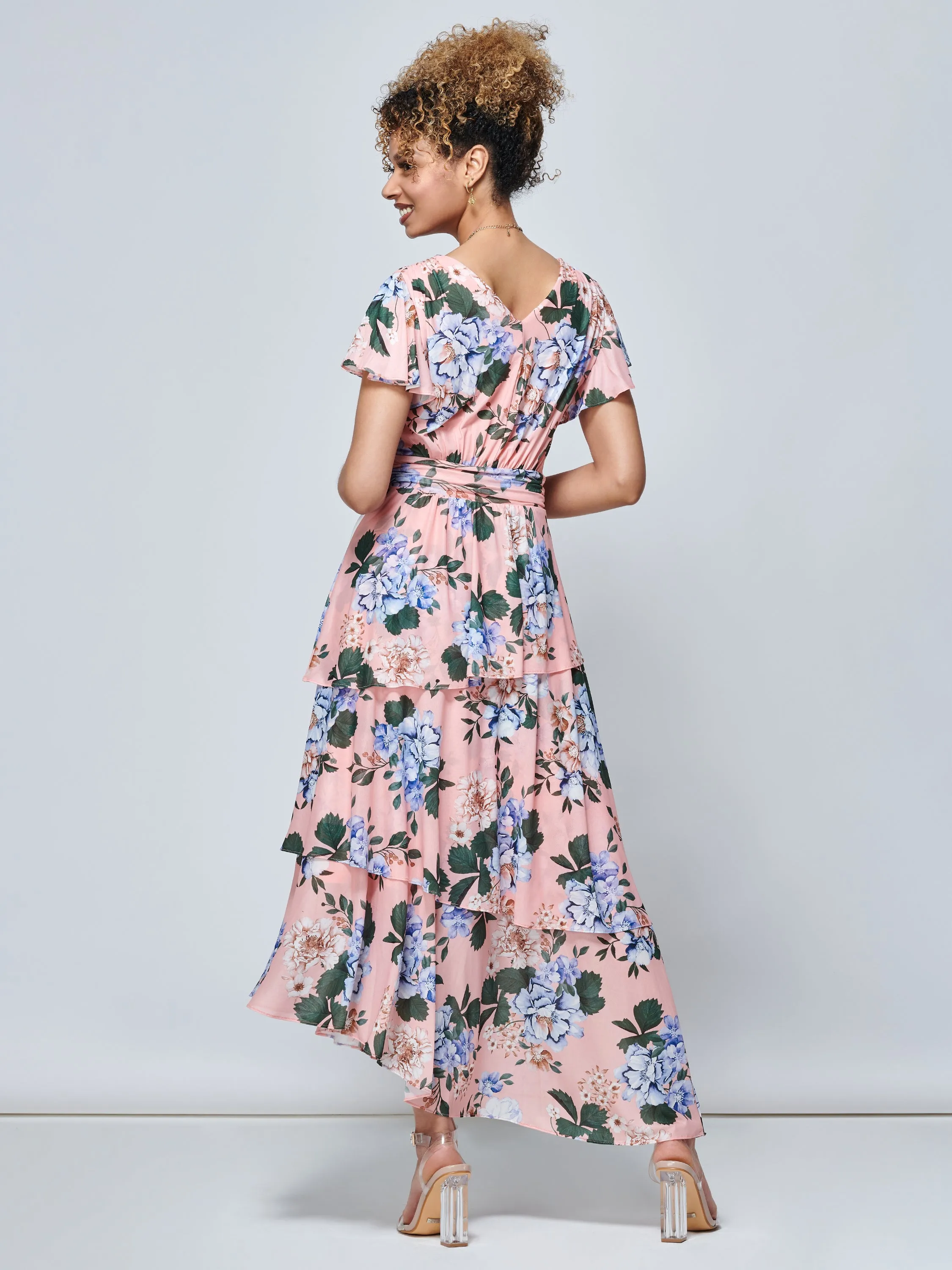 Danica Tiered Hem Mesh Maxi Dress, Pink Multi