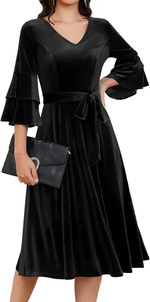 DRESSTELLS Velvet Cocktail Dress for Women, 2024 Christmas Holiday Party Long Sleeve Velour Dresses