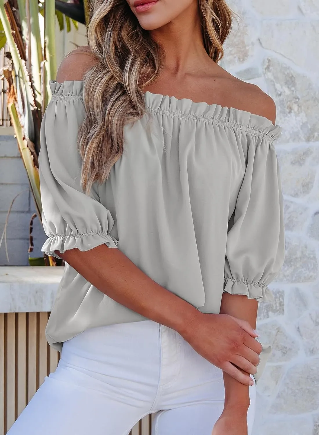 EVALESS Womens Tops Off The Shoulder Blouses for Women Dressy Casual Cute Puff Sleeve T Shirts Fashion 2025