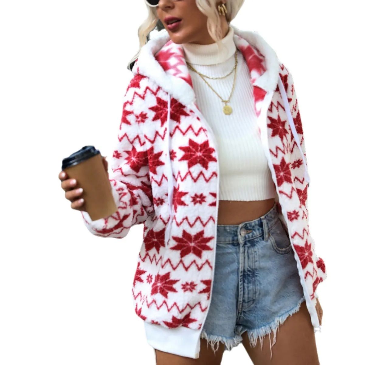 Fleece Christmas Printed Jackets Loose Hooded Zipper Cardigan Wholesale Womens Clothing N3823111600046