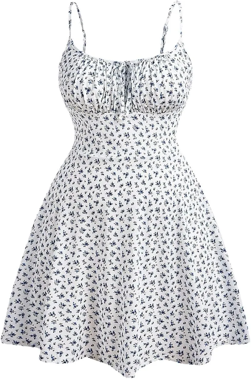 Floerns Women's Plus Size Boho Floral Milkmaid Bow Tie Ruched Cami Summer Holiday Flowy Mini Dress