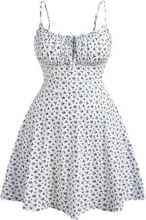 Floerns Women's Plus Size Boho Floral Milkmaid Bow Tie Ruched Cami Summer Holiday Flowy Mini Dress