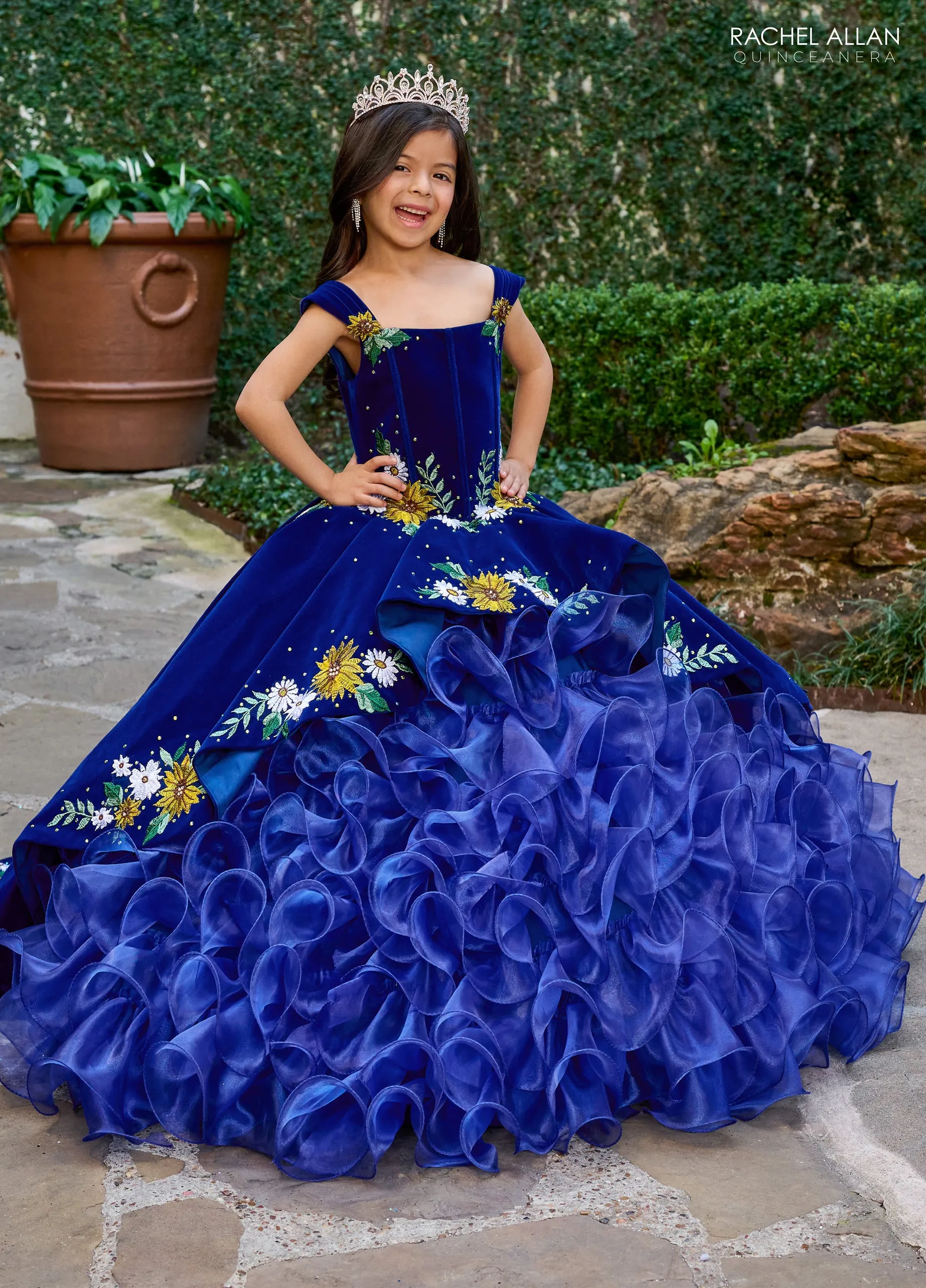 Girl's Floral Velvet Ruffled Gown by Rachel Allan RQ4049