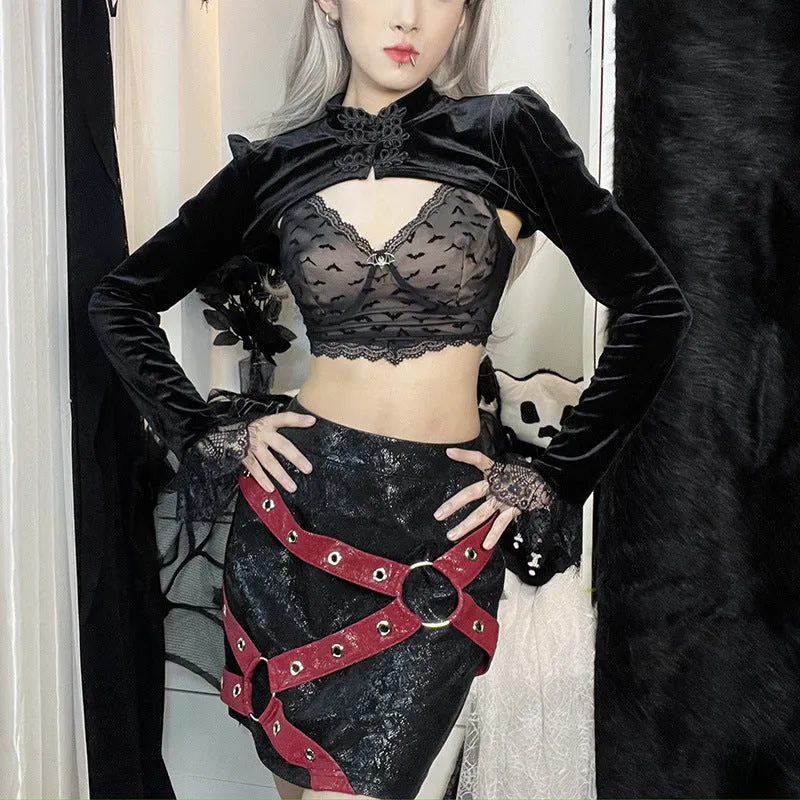 Gothic style cloth buttons short coat bolero sexy hollow out long sleeves lace blouse