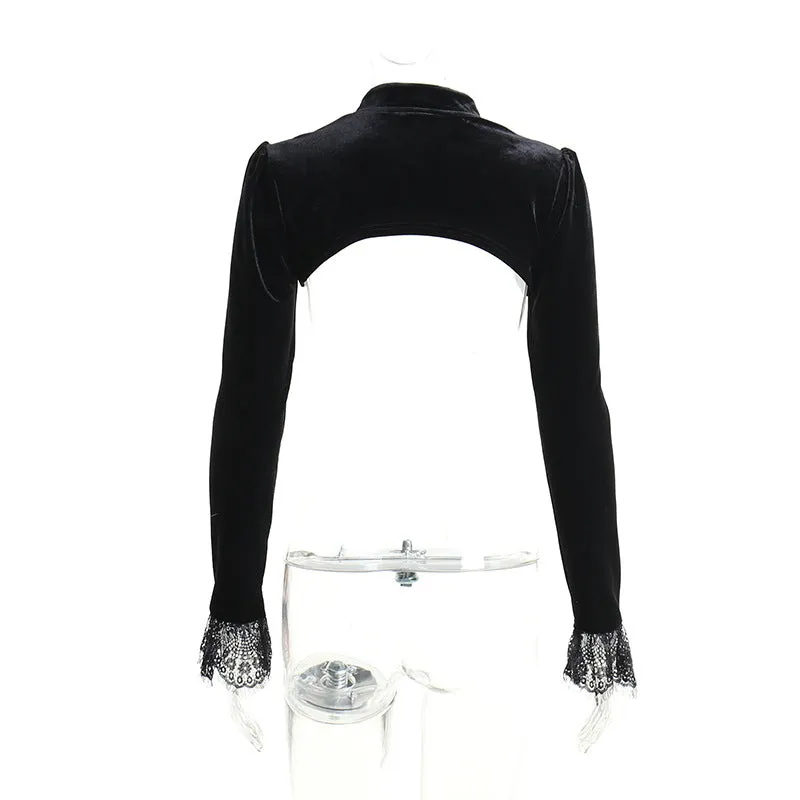 Gothic style cloth buttons short coat bolero sexy hollow out long sleeves lace blouse