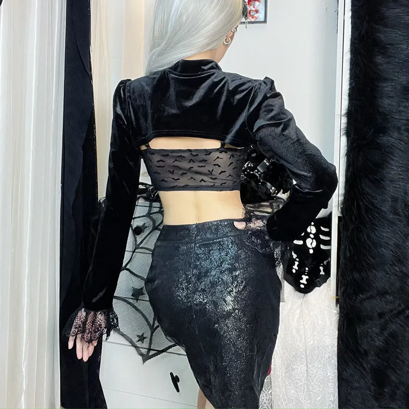 Gothic style cloth buttons short coat bolero sexy hollow out long sleeves lace blouse