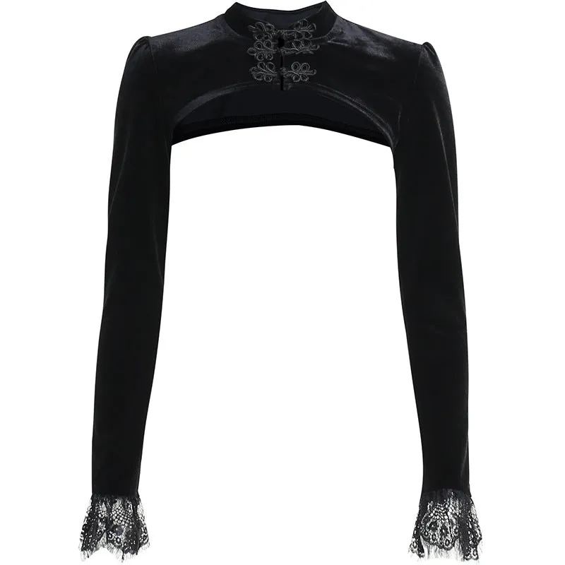 Gothic style cloth buttons short coat bolero sexy hollow out long sleeves lace blouse