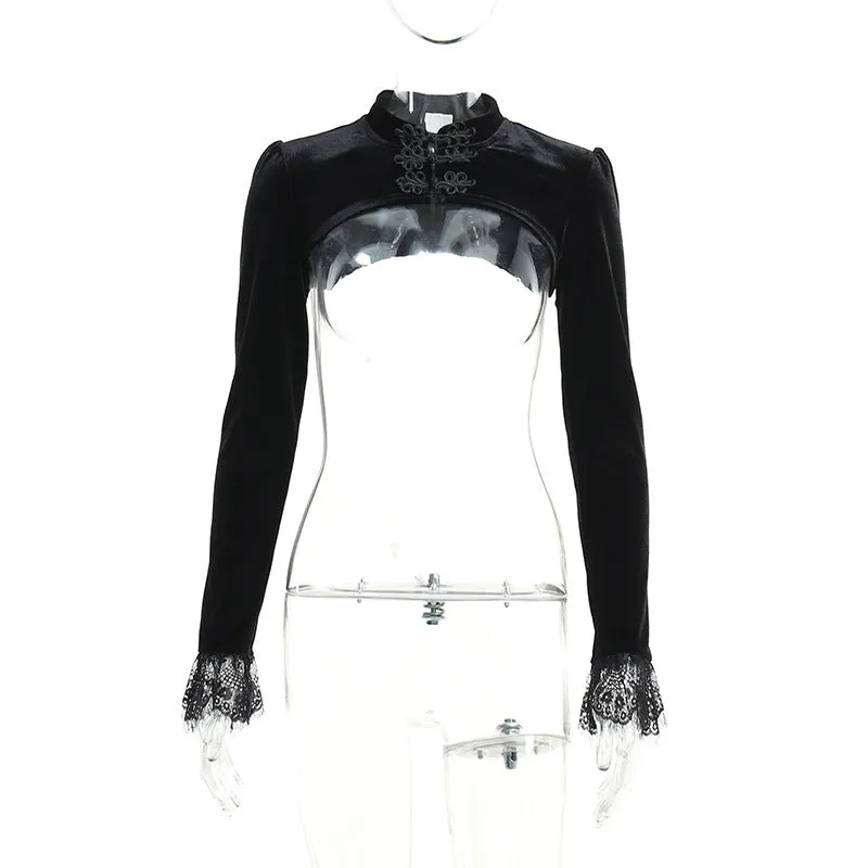 Gothic style cloth buttons short coat bolero sexy hollow out long sleeves lace blouse