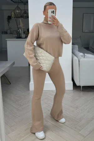 Gracie beige roll neck ribbed knitted flared loungeset