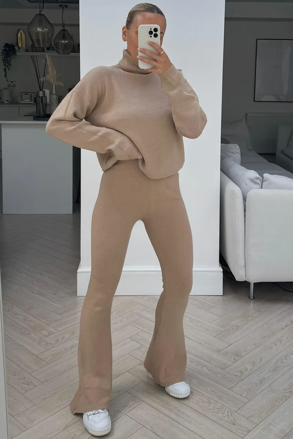 Gracie beige roll neck ribbed knitted flared loungeset