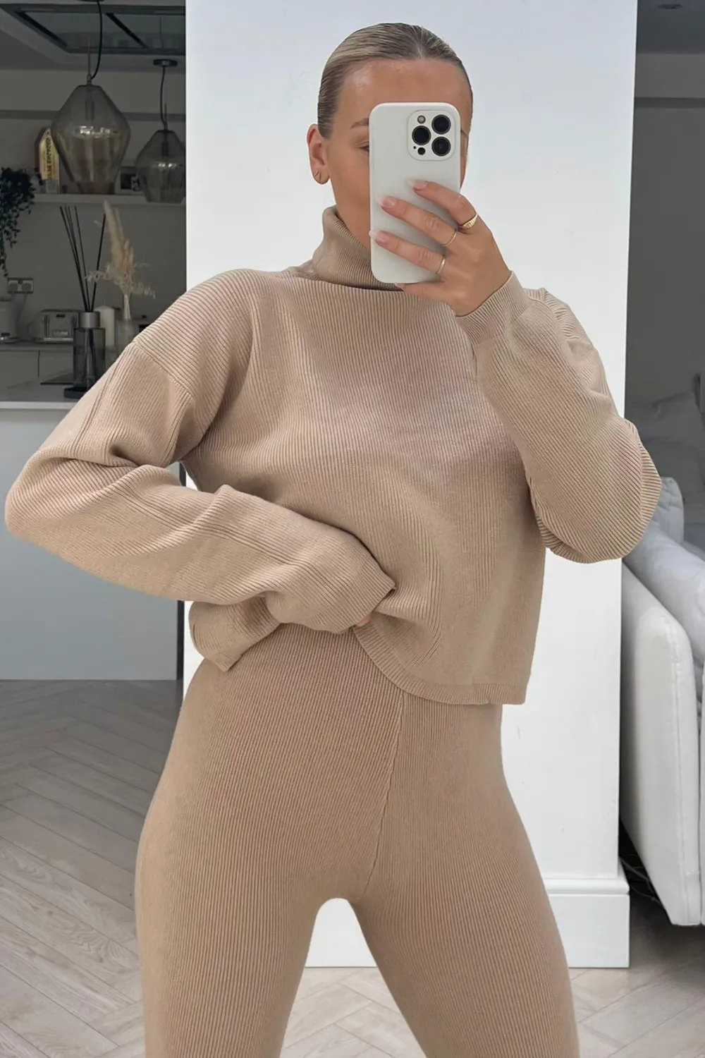 Gracie beige roll neck ribbed knitted flared loungeset