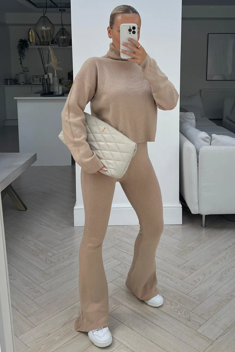 Gracie beige roll neck ribbed knitted flared loungeset