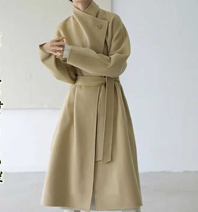 High Collar Women Wool Coat Long Double Face Wool Coat Jacket 0929