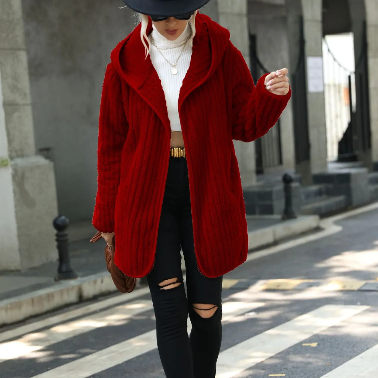 Hooded Loose Reversible Plush Buttonless Cardigan Jacket Wholesale Womens Clothing N3823111600028