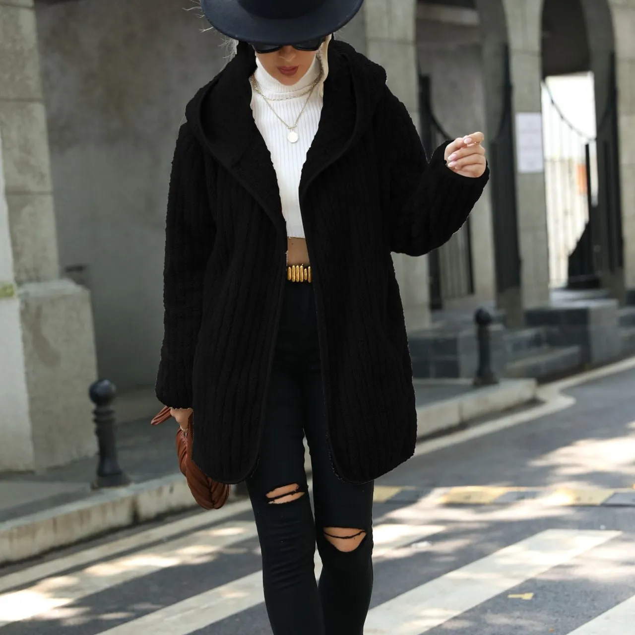 Hooded Loose Reversible Plush Buttonless Cardigan Jacket Wholesale Womens Clothing N3823111600028