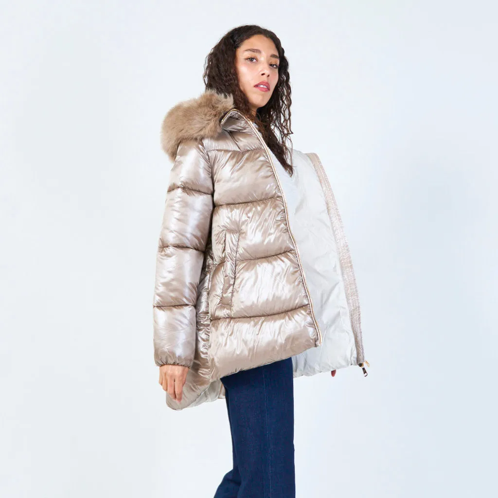 Hooded puffer jacket with faux fur trim wholesale