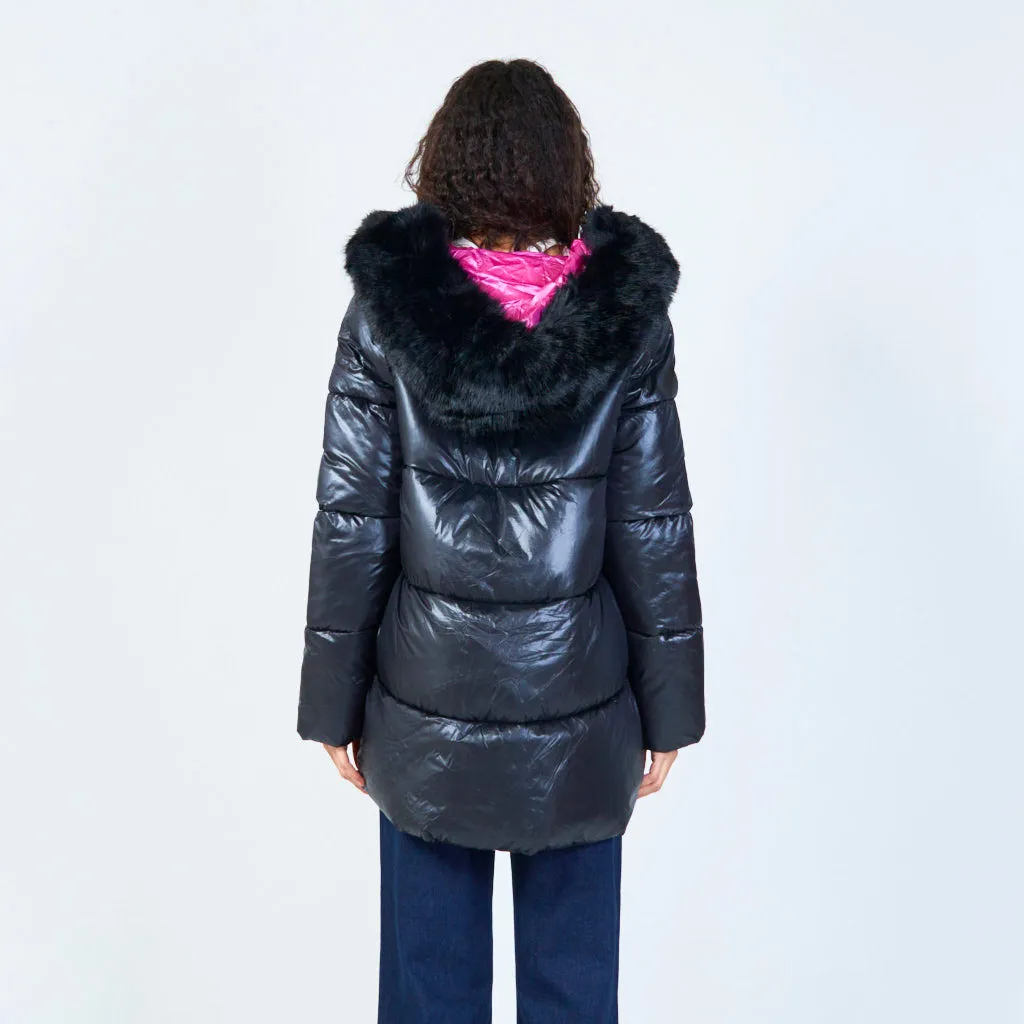Hooded puffer jacket with faux fur trim wholesale