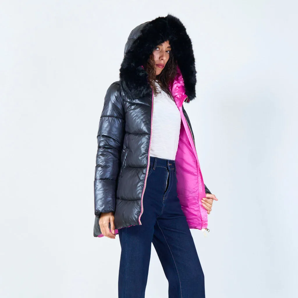 Hooded puffer jacket with faux fur trim wholesale