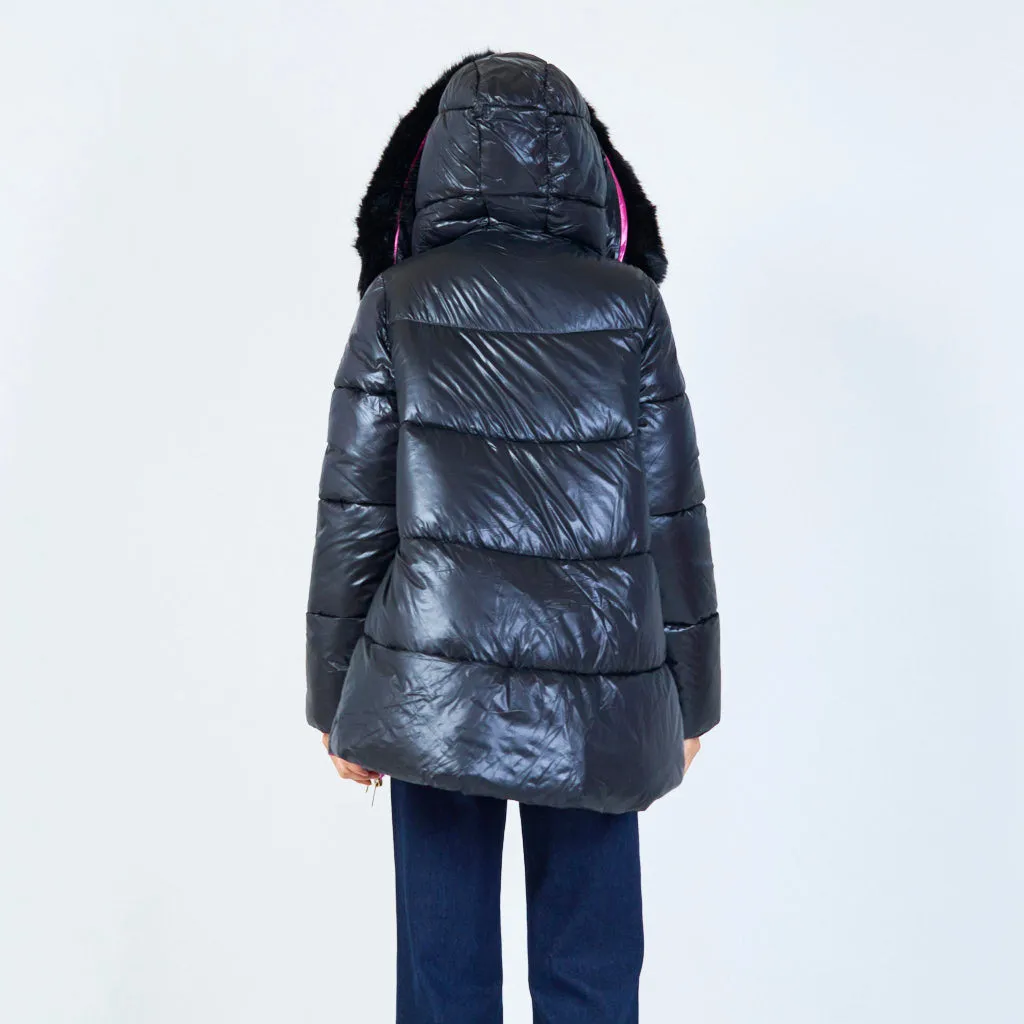 Hooded puffer jacket with faux fur trim wholesale