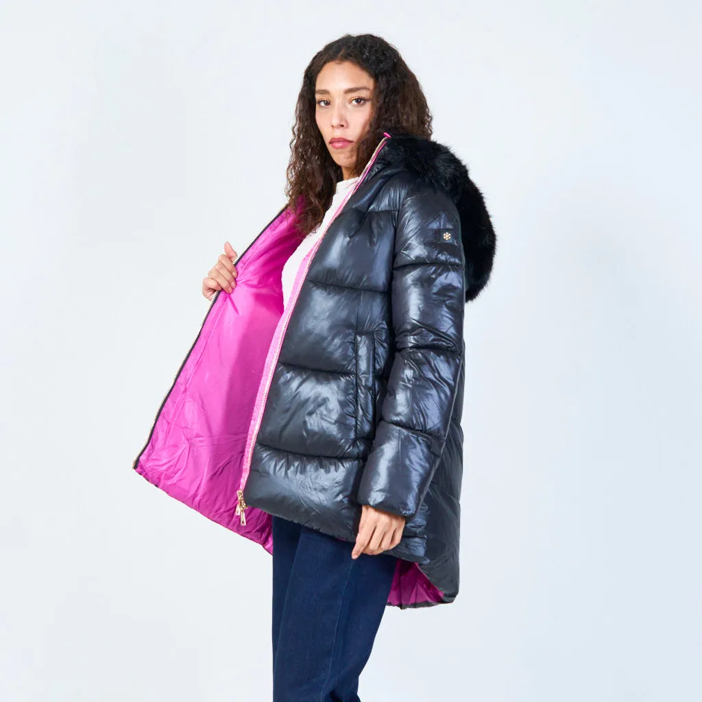 Hooded puffer jacket with faux fur trim wholesale