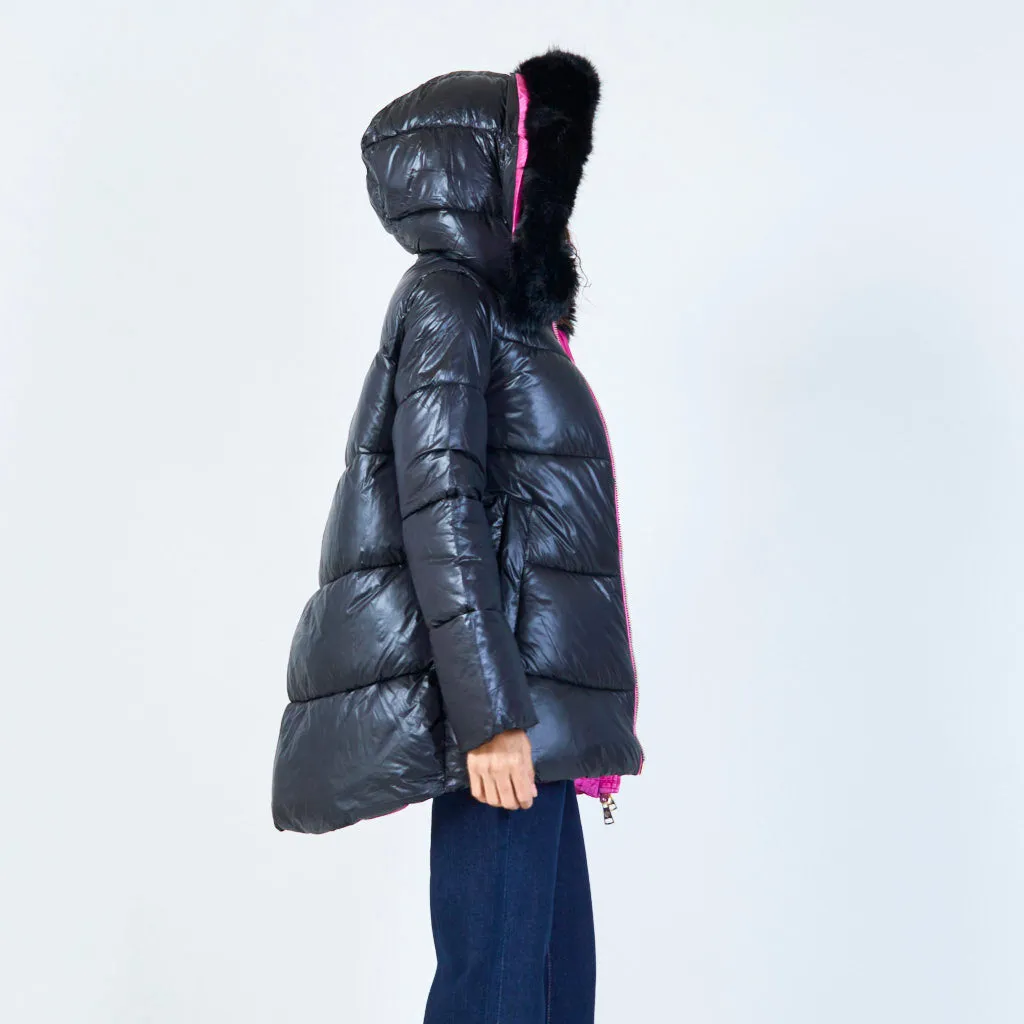 Hooded puffer jacket with faux fur trim wholesale