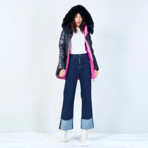 Hooded puffer jacket with faux fur trim wholesale
