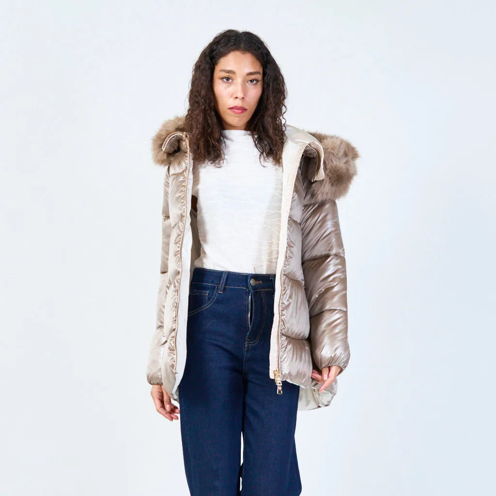 Hooded puffer jacket with faux fur trim wholesale