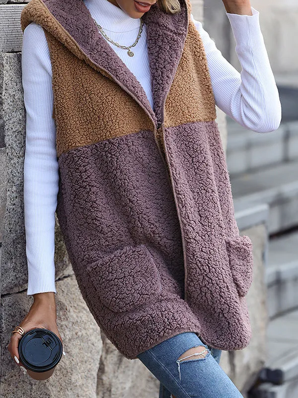 Hooded Sleeveless Color Block Pocket Buttonless Cardigan Puff Fleece Jacket
