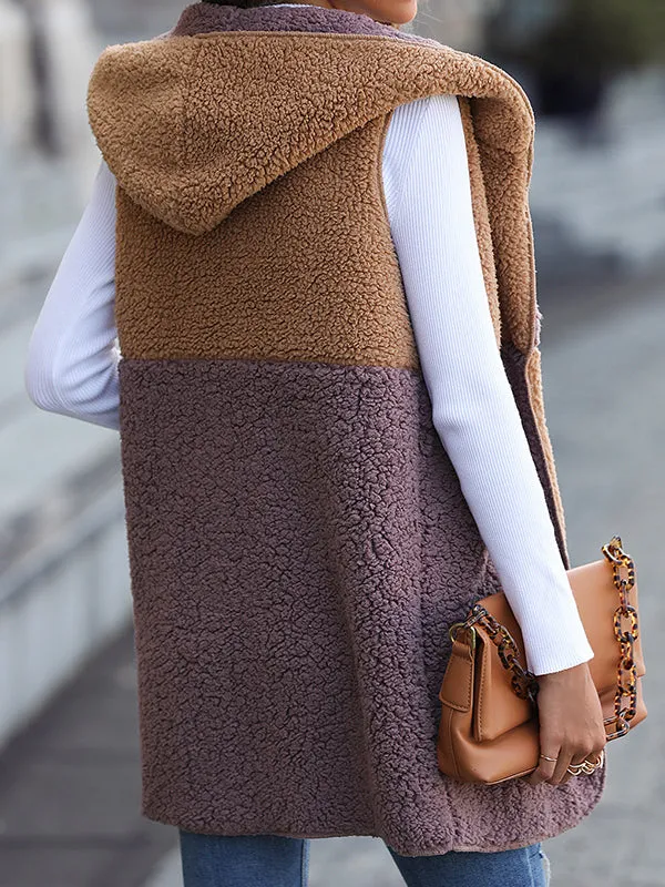Hooded Sleeveless Color Block Pocket Buttonless Cardigan Puff Fleece Jacket
