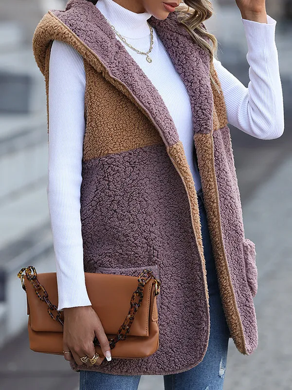 Hooded Sleeveless Color Block Pocket Buttonless Cardigan Puff Fleece Jacket