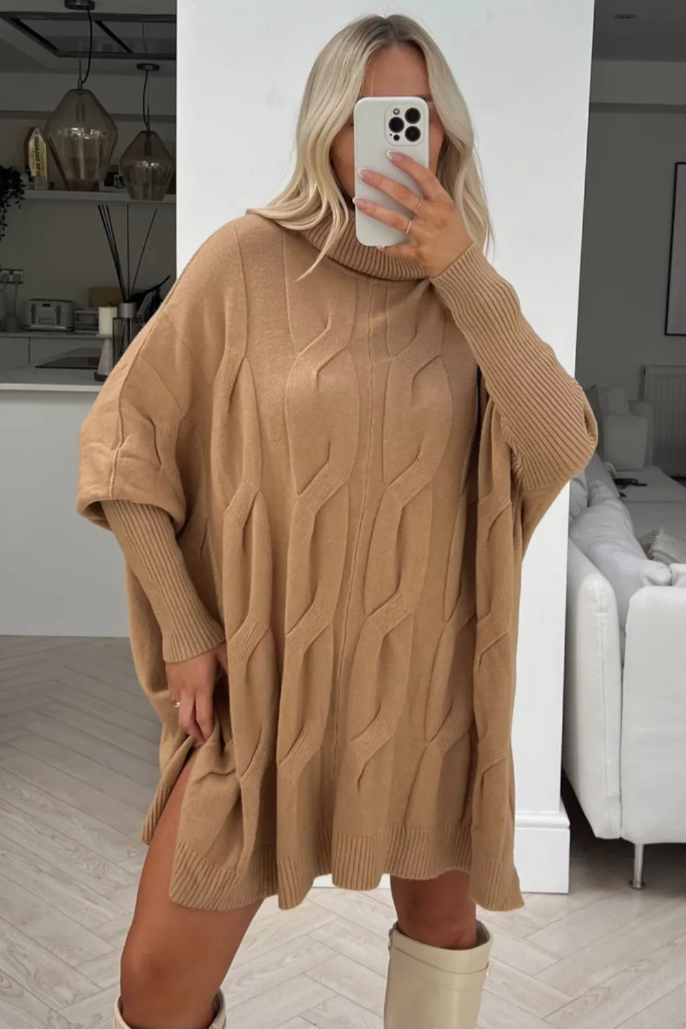 Jayda camel cable knit roll neck jumper