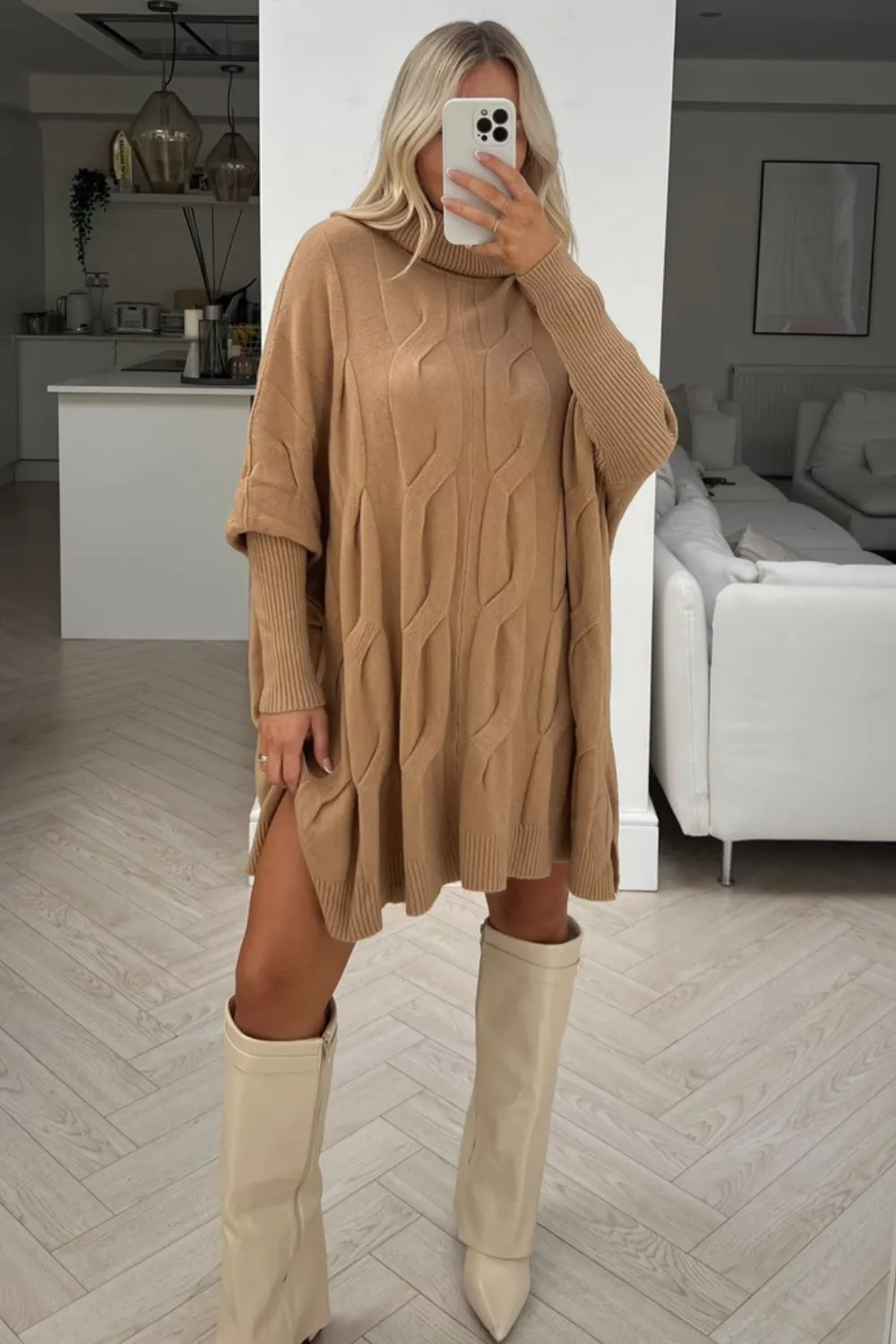Jayda camel cable knit roll neck jumper