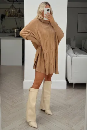 Jayda camel cable knit roll neck jumper