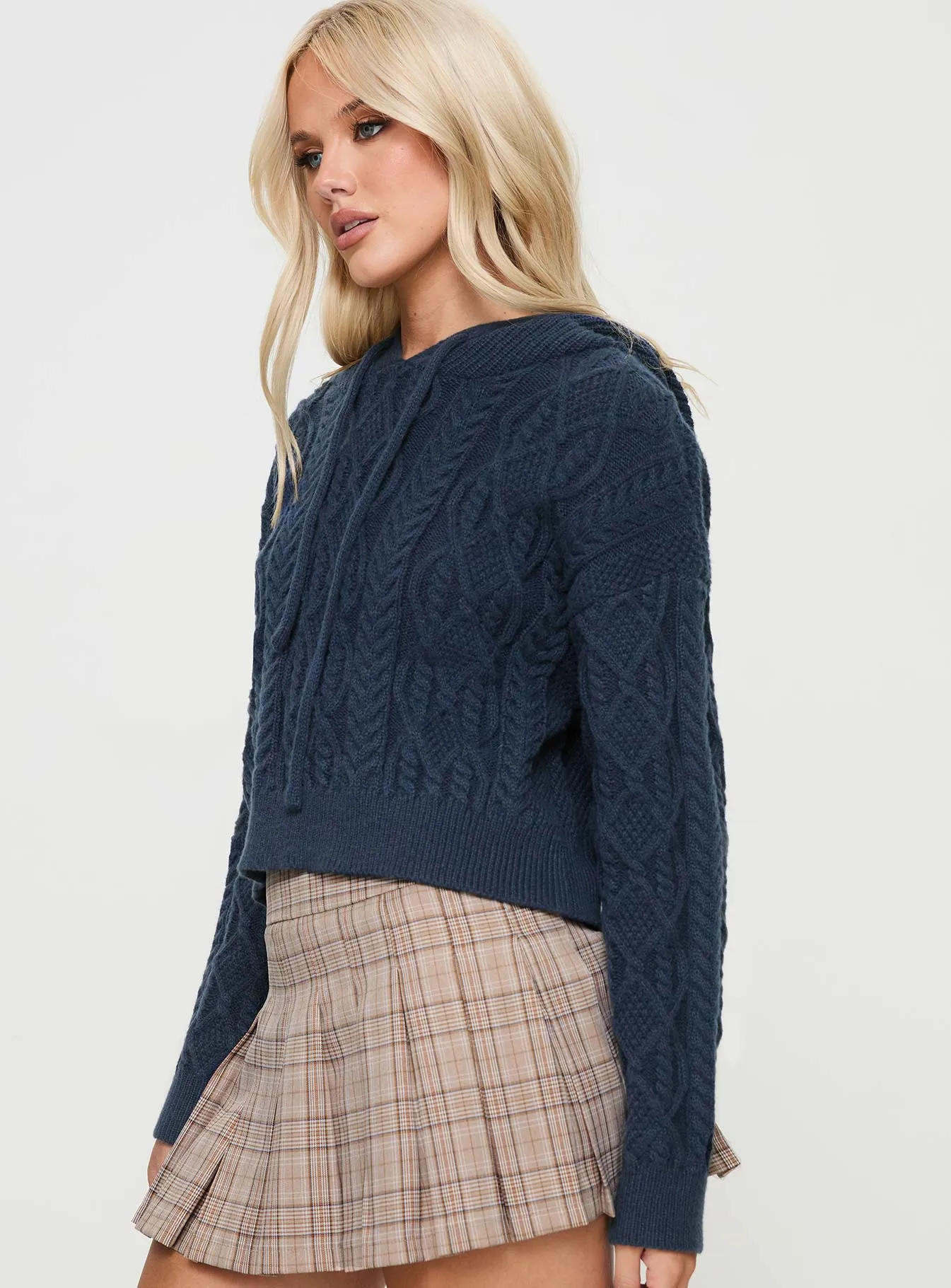Jorvik Cropped Cable Knit Hoodie Navy