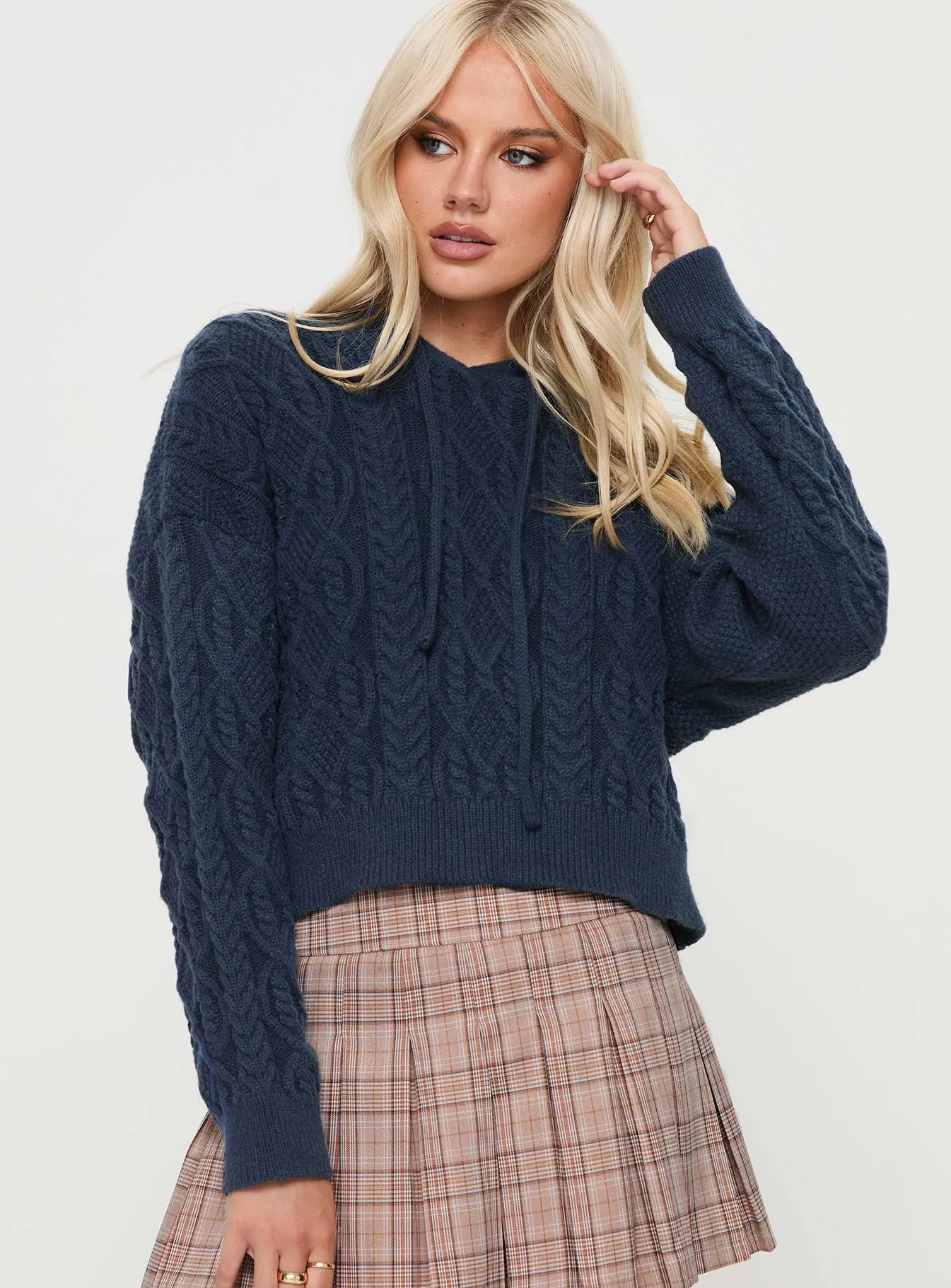 Jorvik Cropped Cable Knit Hoodie Navy