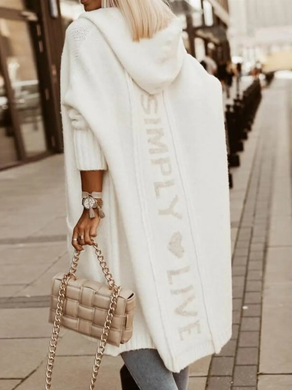 Joskaa women Autumn winteR jumper ladies sweater Letter Heart Print Longline Hooded Cardigan