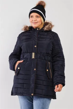 Junior Plus Navy Diamond Quilt Faux Fur Hood Belted Padded Long Puffer Jacket