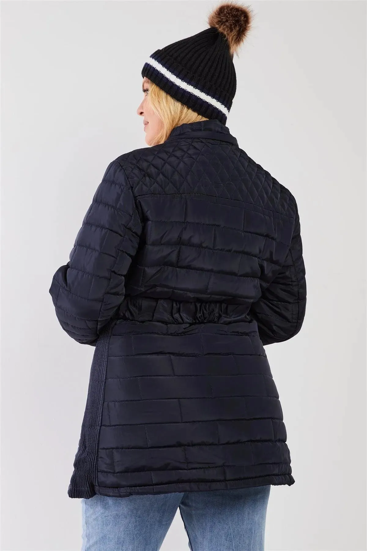 Junior Plus Navy Diamond Quilt Faux Fur Hood Belted Padded Long Puffer Jacket