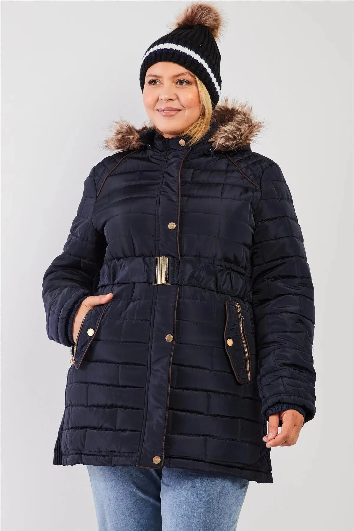 Junior Plus Navy Diamond Quilt Faux Fur Hood Belted Padded Long Puffer Jacket