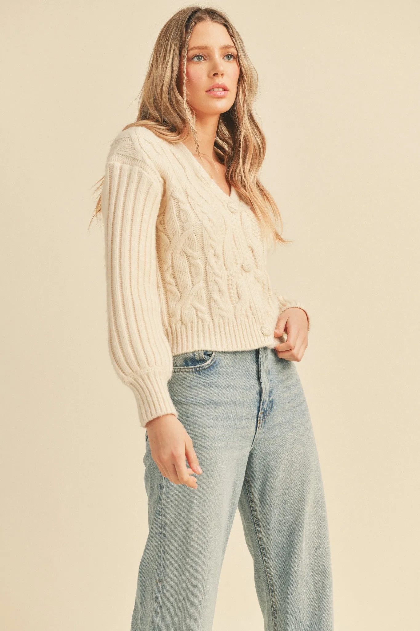 Kasey Cable Knit Button Cardigan - Heathered Cream