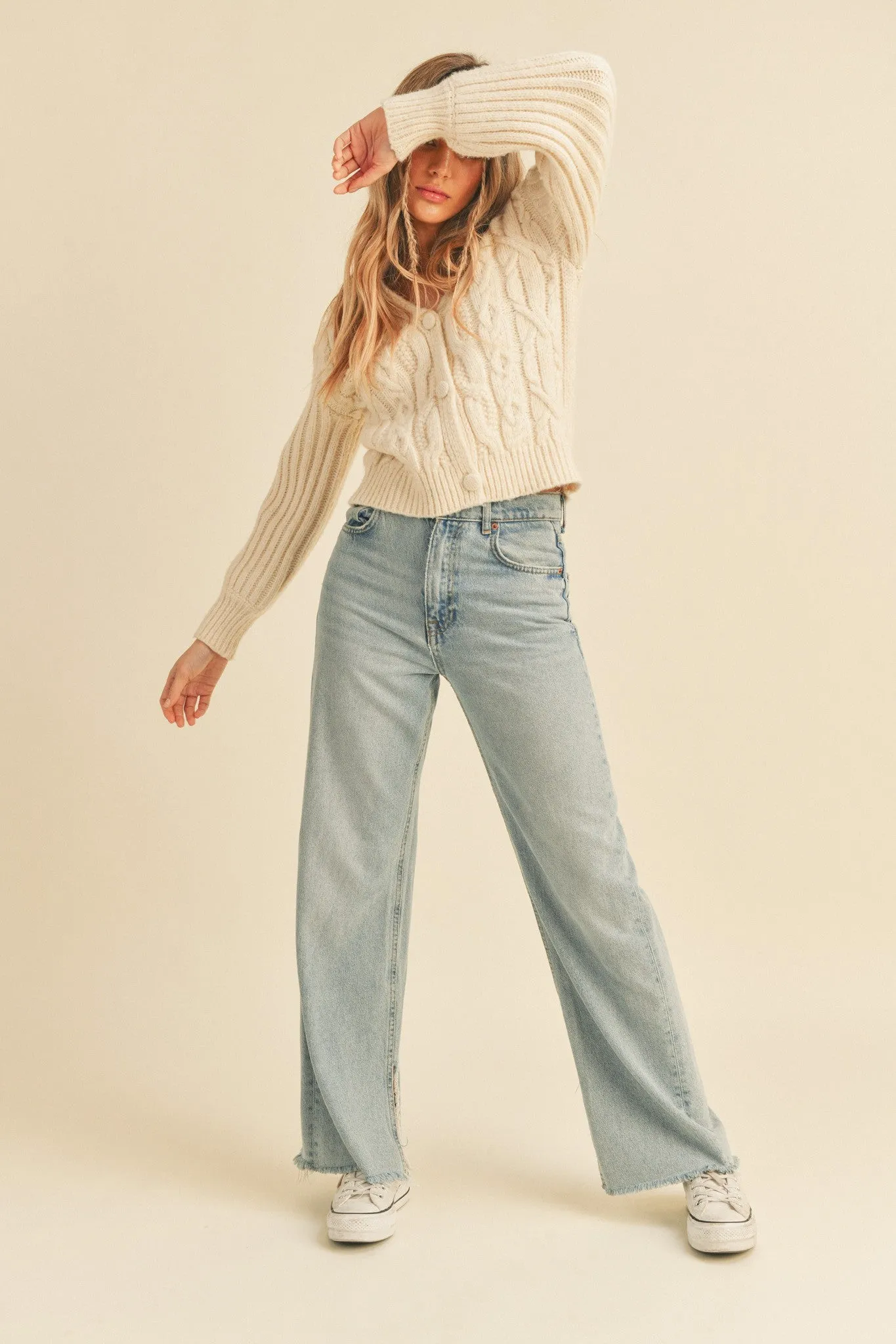 Kasey Cable Knit Button Cardigan - Heathered Cream